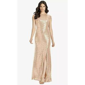 DESSY COLLECTION Cap Sleeve Cowl-back Sequin Gown Front Slit In Rose‎ Gold Sz 6R
